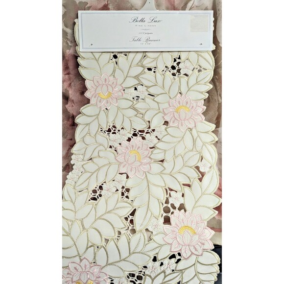 Bella Lux Cut Table Runner Embroidered Pink Floral Cream Tan 13 x 68-inch Gift - Picture 6 of 9